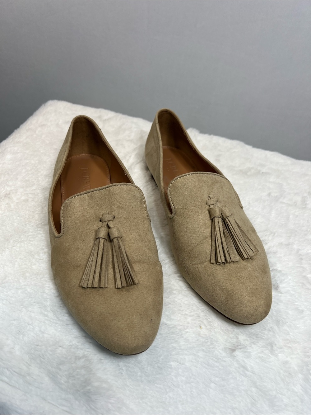 J. Crew Faux Suede Tassel Tan Loafers size 7.5
